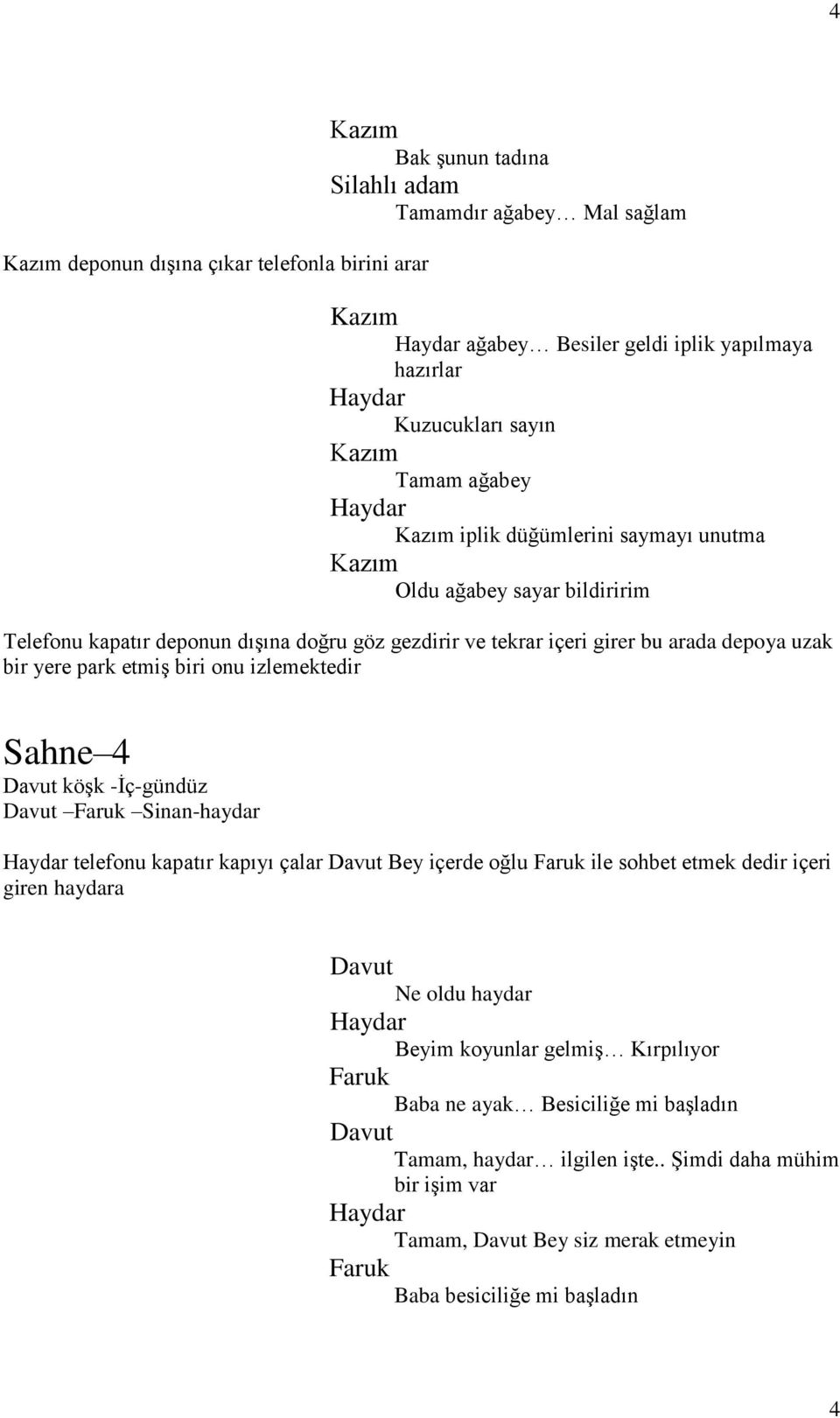 park etmiş biri onu izlemektedir Sahne 4 köşk -İç-gündüz Faruk Sinan-haydar telefonu kapatır kapıyı çalar Bey içerde oğlu Faruk ile sohbet etmek dedir içeri giren haydara Ne oldu haydar