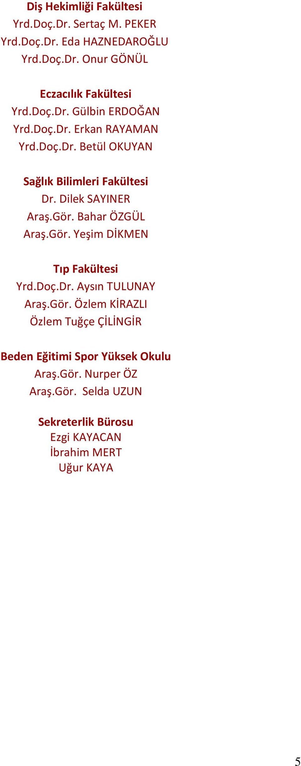 Gör. Bahar ÖZGÜL Araş.Gör. Yeşim DİKMEN Tıp Fakültesi Yrd.Doç.Dr. Aysın TULUNAY Araş.Gör. Özlem KİRAZLI Özlem Tuğçe ÇİLİNGİR Beden Eğitimi Spor Yüksek Okulu Araş.