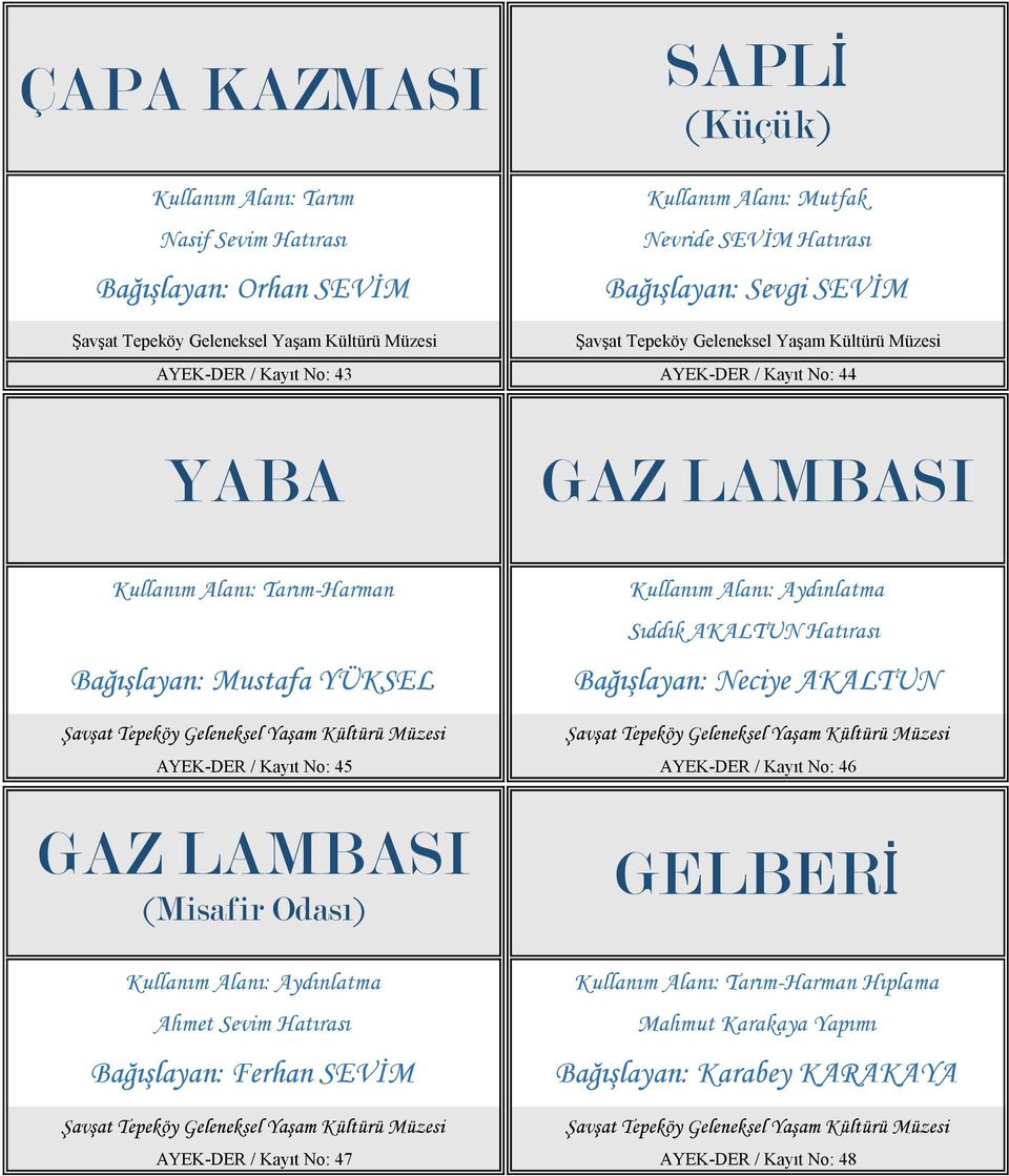 Hatırası AYEK-DER / Kayıt No: 45 AYEK-DER / Kayıt No: 46 GAZ LAMBASI (Misafir Odası) Kullanım Alanı: Aydınlatma Ahmet Sevim Hatırası