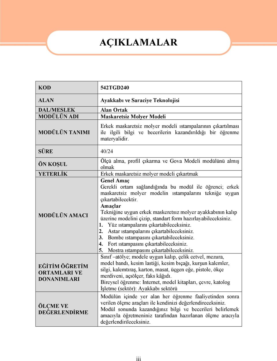 SÜRE 40/24 ÖN KOŞUL YETERLİK MODÜLÜN AMACI EĞİTİM ÖĞRETİM ORTAMLARI VE DONANIMLARI ÖLÇME VE DEĞERLENDİRME Ölçü alma, profil çıkarma ve Gova Modeli modülünü almış olmak Erkek maskaretsiz molyer modeli