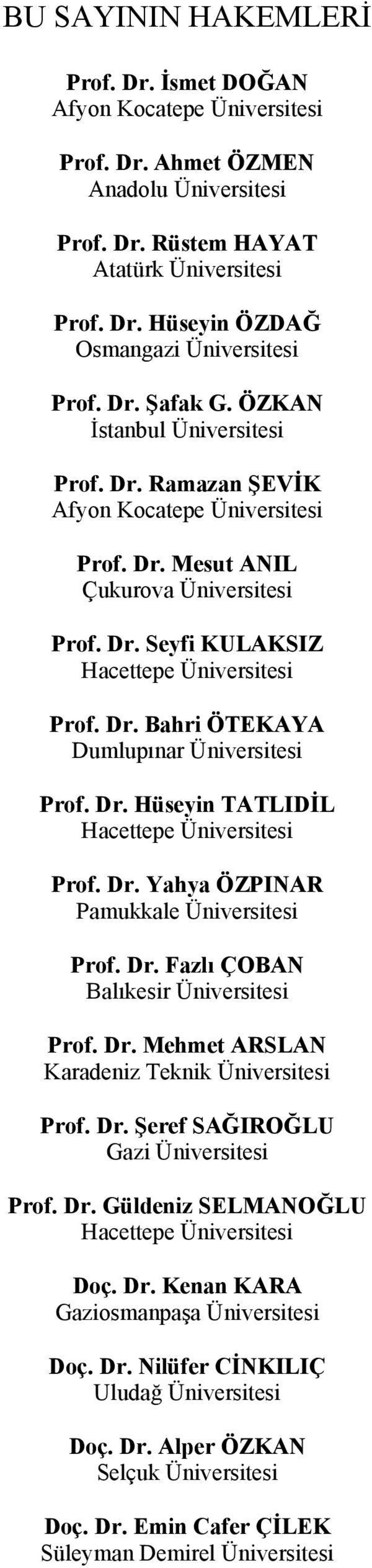 Dr. Hüseyin TATLIDİL Hacettepe Üniversitesi Prof. Dr. Yahya ÖZPINAR Pamukkale Üniversitesi Prof. Dr. Fazlı ÇOBAN Balıkesir Üniversitesi Prof. Dr. Mehmet ARSLAN Karadeniz Teknik Üniversitesi Prof. Dr. Şeref SAĞIROĞLU Gazi Üniversitesi Prof.