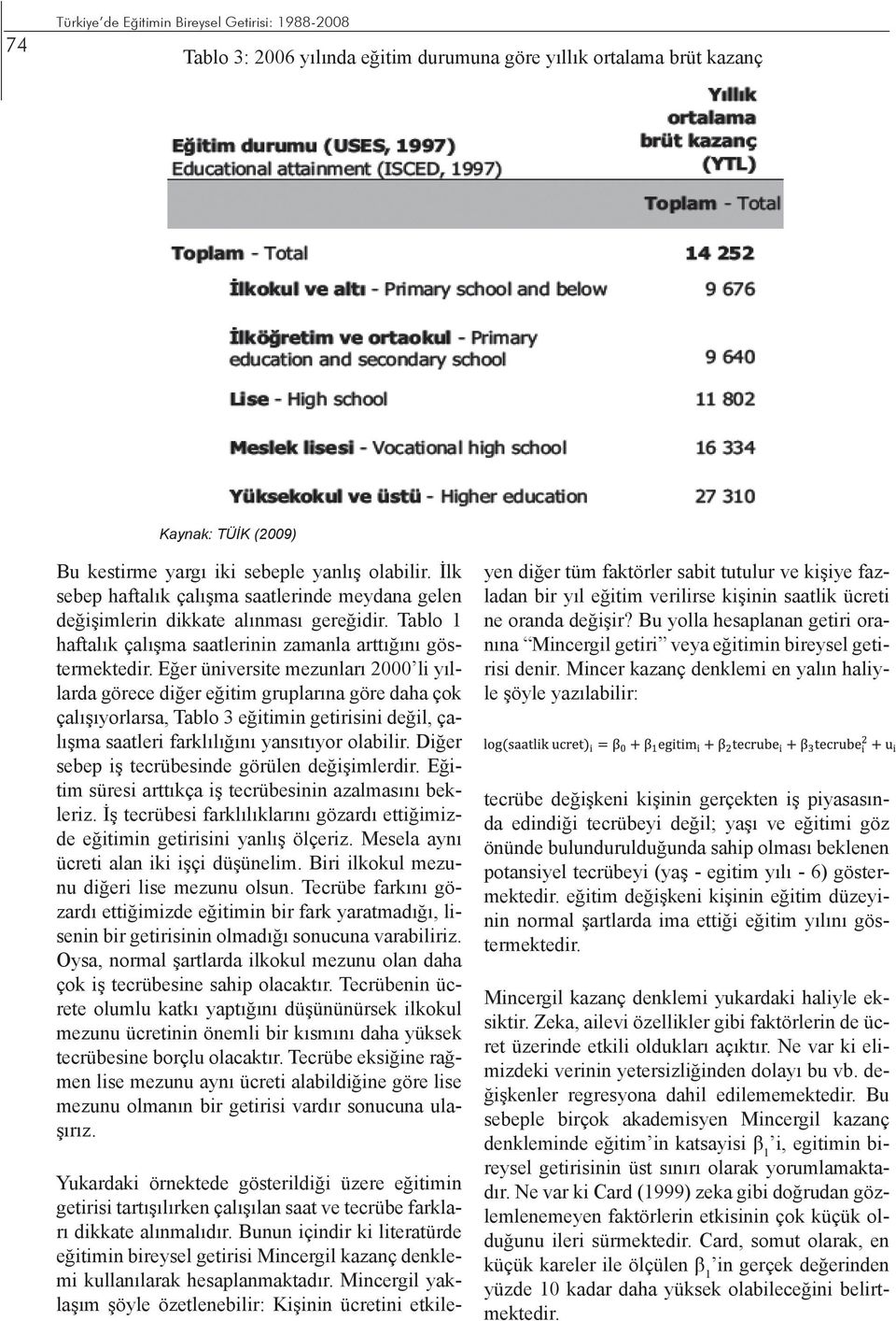 Eğer üniversite mezunları 2000 li yıllarda görece diğer eğitim gruplarına göre daha çok çalışıyorlarsa, Tablo 3 eğitimin getirisini değil, çalışma saatleri farklılığını yansıtıyor olabilir.