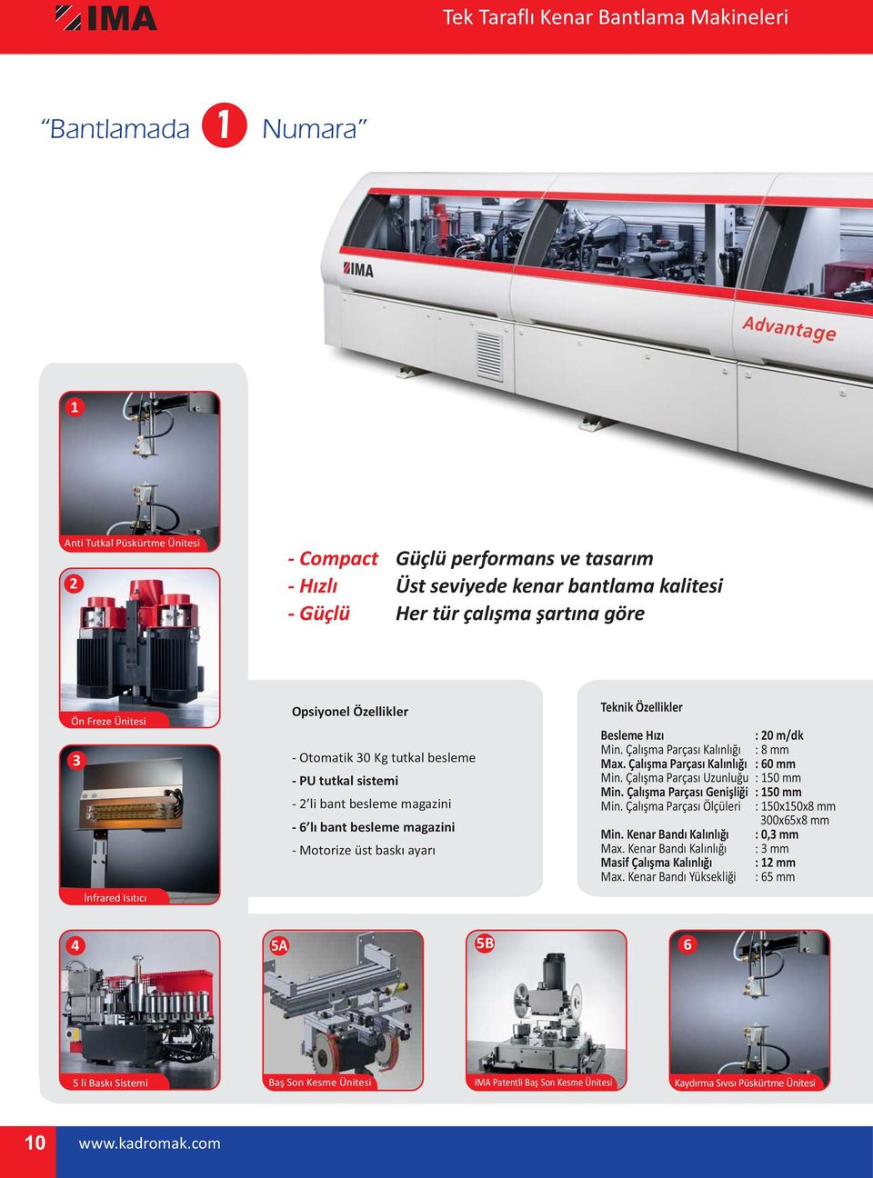 üst baskı ayarı Besleme Hızı : 20 m/dk Min. Çalışma Parçası Kalınlığı : 8 mm Max. Çalışma Parçası Kalınlığı : 60 mm Min. Çalışma Parçası Uzunluğu : 150 mm Min. Çalışma Parçası Genişliği : 150 mm Min.