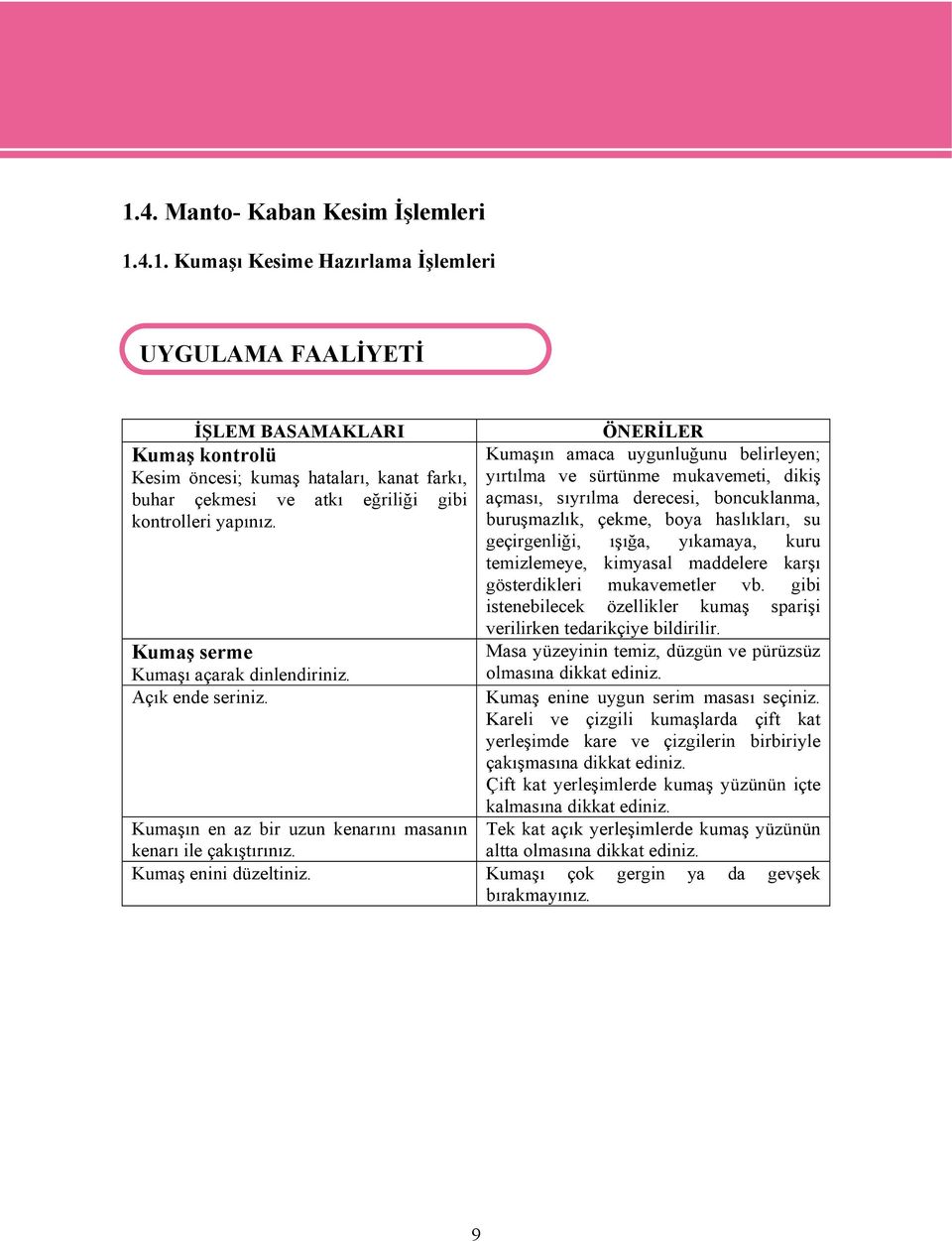 ÖNERİLER Kumaşın amaca uygunluğunu belirleyen; yırtılma ve sürtünme mukavemeti, dikiş açması, sıyrılma derecesi, boncuklanma, buruşmazlık, çekme, boya haslıkları, su geçirgenliği, ışığa, yıkamaya,