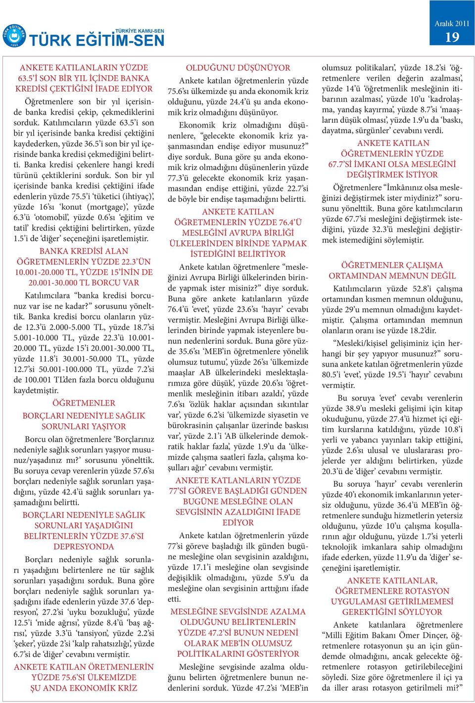 Son bir yıl içerisinde banka kredisi çektiğini ifade edenlerin yüzde 75.5 i tüketici (ihtiyaç), yüzde 16 sı konut (mortgage), yüzde 6.3 ü otomobil, yüzde 0.