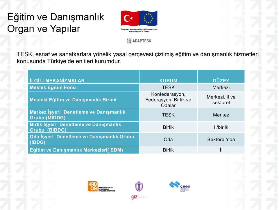 İLGİLİ MEKANİZMALAR KURUM DÜZEY Meslek Eğitim Fonu TESK Merkezi Mesleki Eğitim ve Danışmanlık Birimi Merkez İşyeri Denetleme ve Danışmanlık Grubu