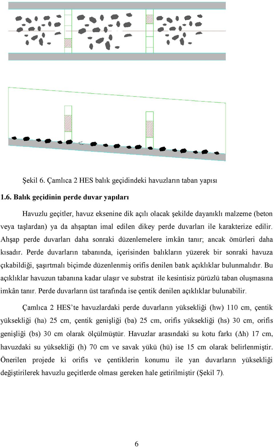 Balık geçidinin perde duvar yapıları Havuzlu geçitler, havuz eksenine dik açılı olacak şekilde dayanıklı malzeme (beton veya taşlardan) ya da ahşaptan imal edilen dikey perde duvarları ile