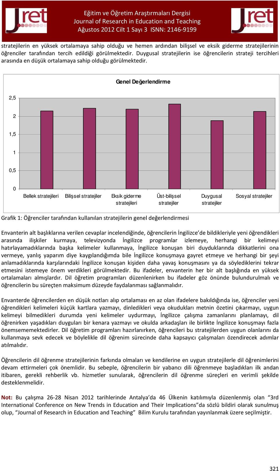 Genel Değerlendirme 2,5 2 1,5 1 0,5 0 Bellek stratejileri Bilişsel stratejiler Eksik giderme stratejileri Üst-bilişsel stratejiler Duygusal stratejiler Sosyal stratejiler Grafik 1: Öğrenciler