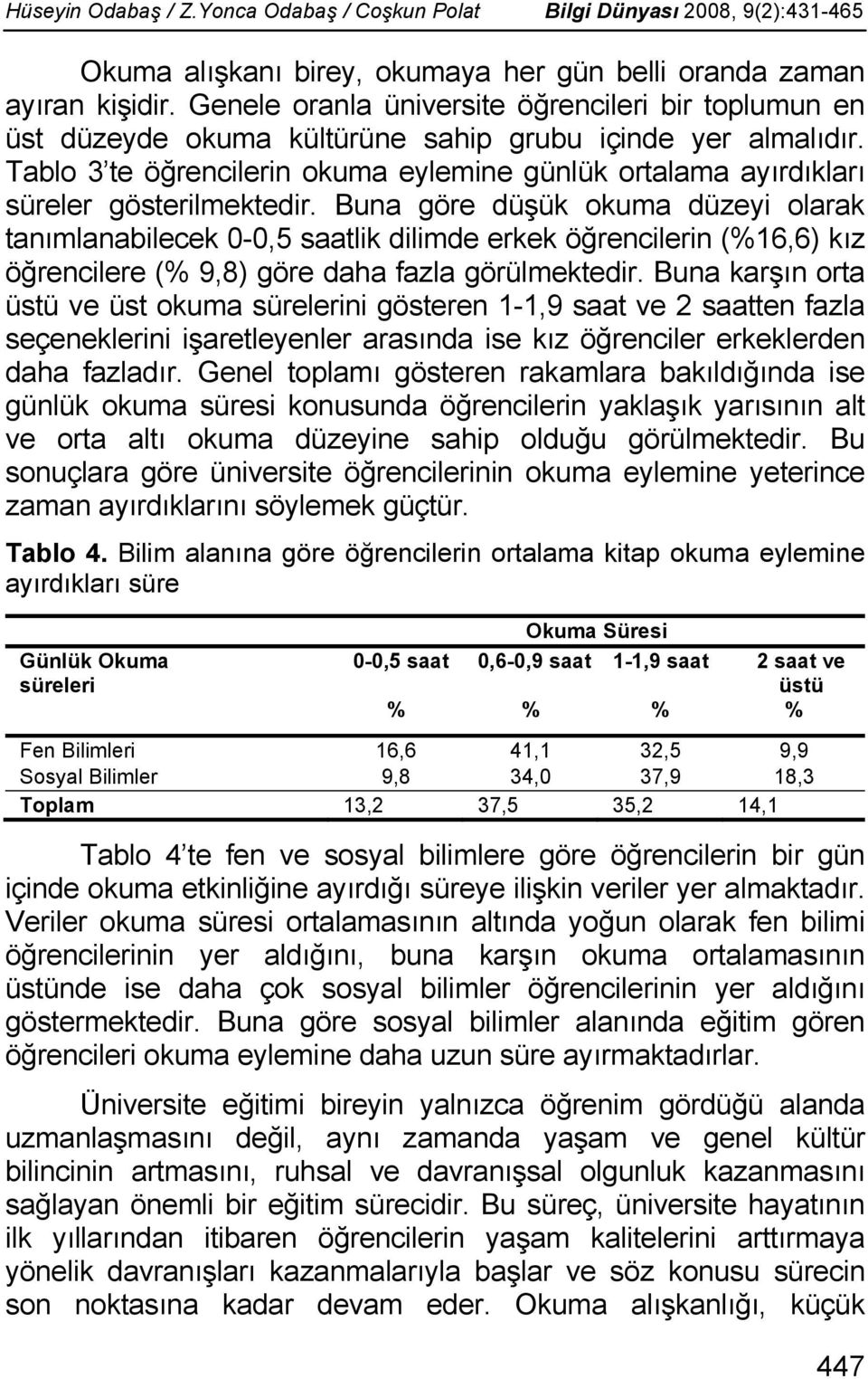 Tablo 3 te öğrencilerin okuma eylemine günlük ortalama ayırdıkları süreler gösterilmektedir.