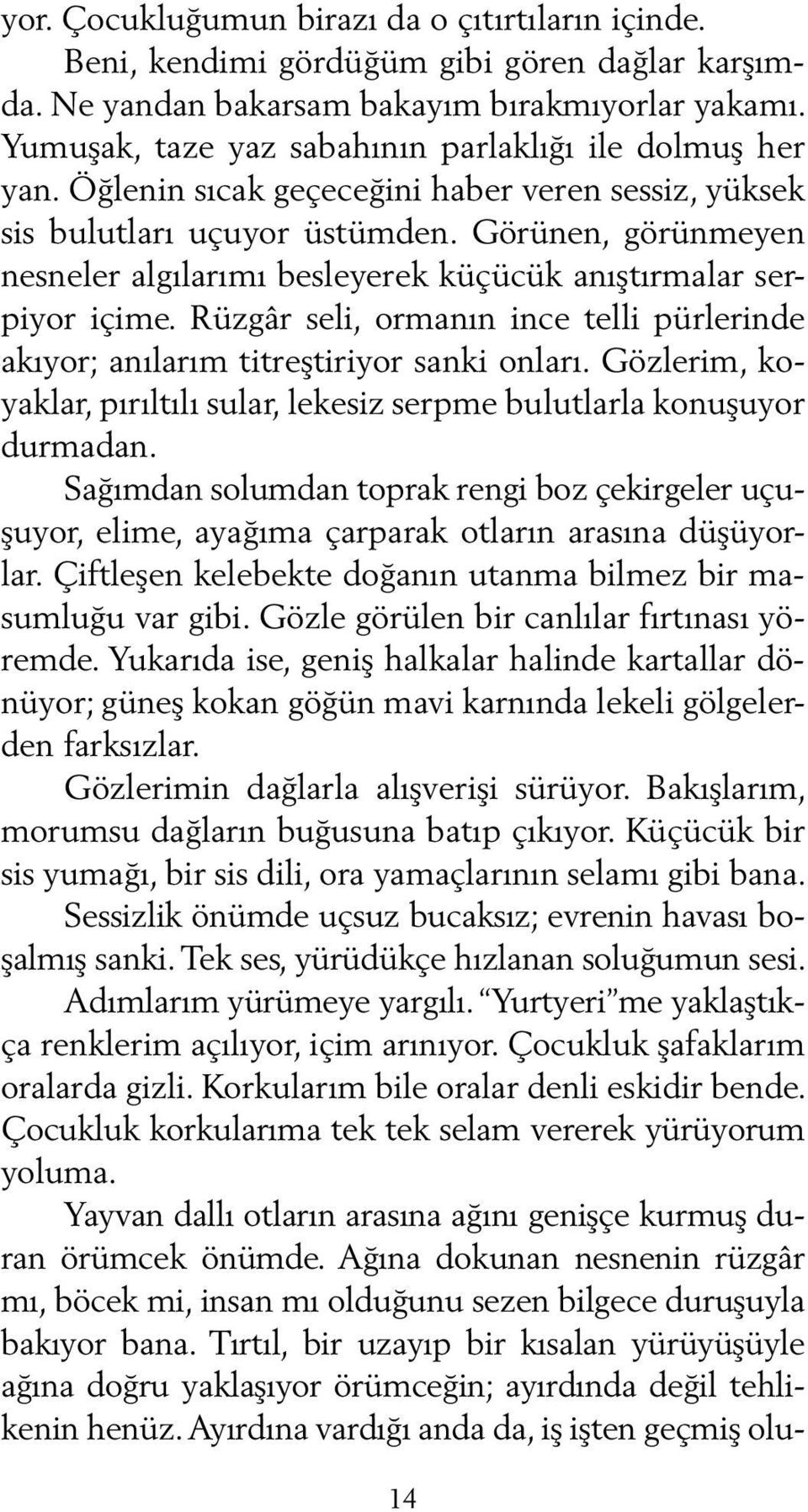 Görünen, görünmeyen nes neler algılarımı besleyerek küçücük anıştırmalar serpiyor içime. Rüzgâr seli, ormanın ince telli pürlerinde akıyor; anılarım titreştiriyor sanki onları.