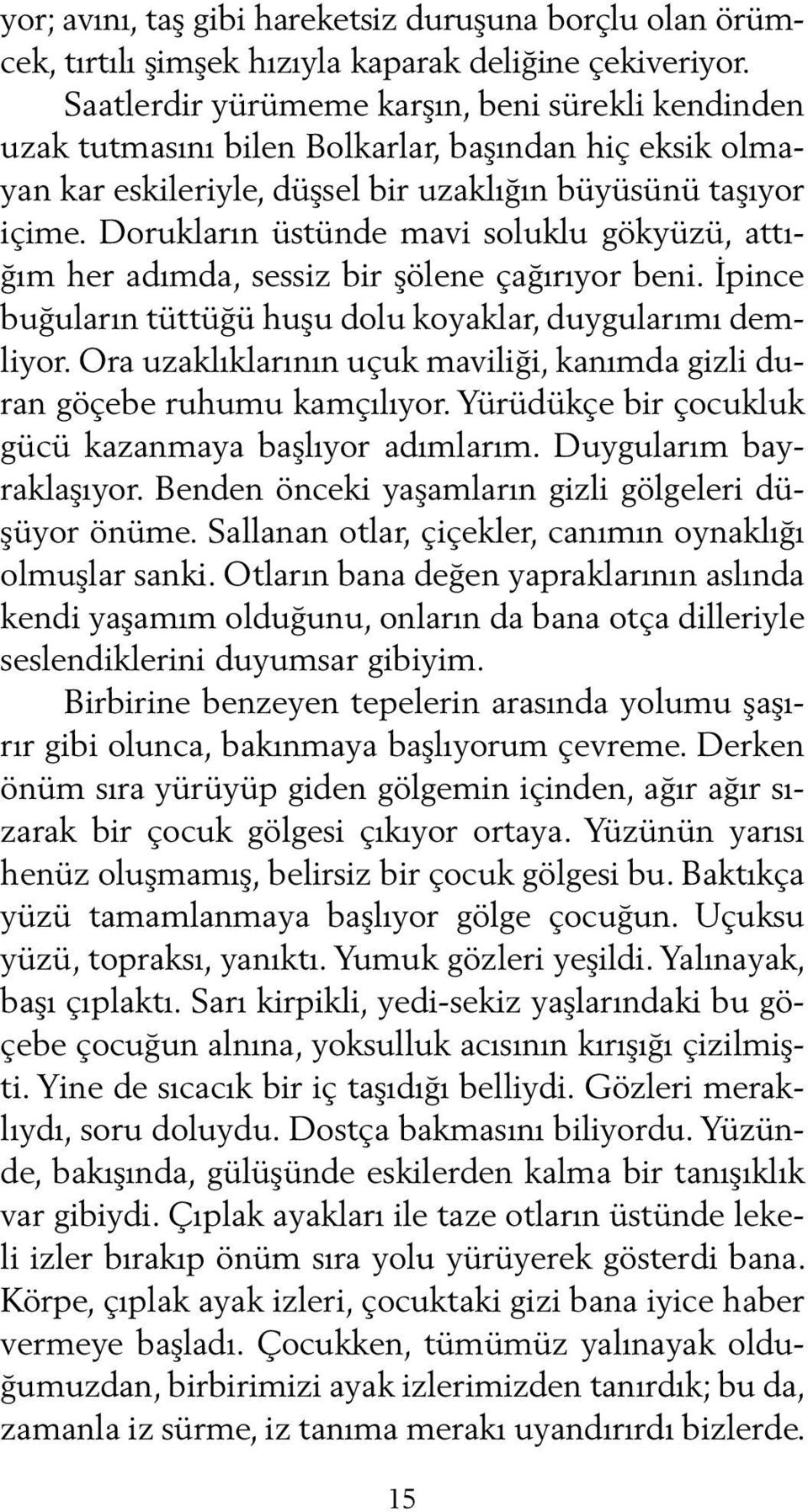 Dorukların üstünde mavi soluklu gökyüzü, attığım her adımda, sessiz bir şölene çağırıyor beni. İpince buğuların tüttüğü huşu dolu koyaklar, duygularımı demliyor.