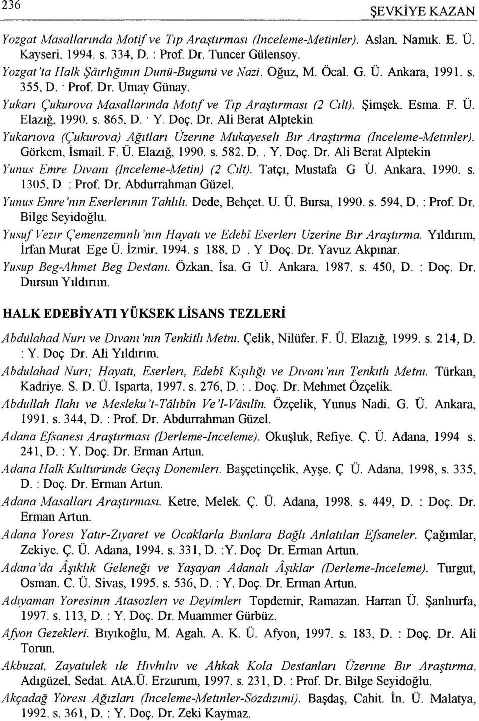 F. Ü. Elazığ. 1990. s. 865. D. Y. Doç. Dr. Ali Berat Alptekin Yukarıova (Çukurova) Ağıtları Vzerıne.Afukayeselı Bır Araştırma (Inceleme-Metınler). Görkem. İsmail. F. Ü. Elazığ, 1990. s. 582. D.. Y. Doç. Dr. Ali Berat Alptekin Yunus Emre Dıvanı (Inceleme-Metin) (2 Cilt).