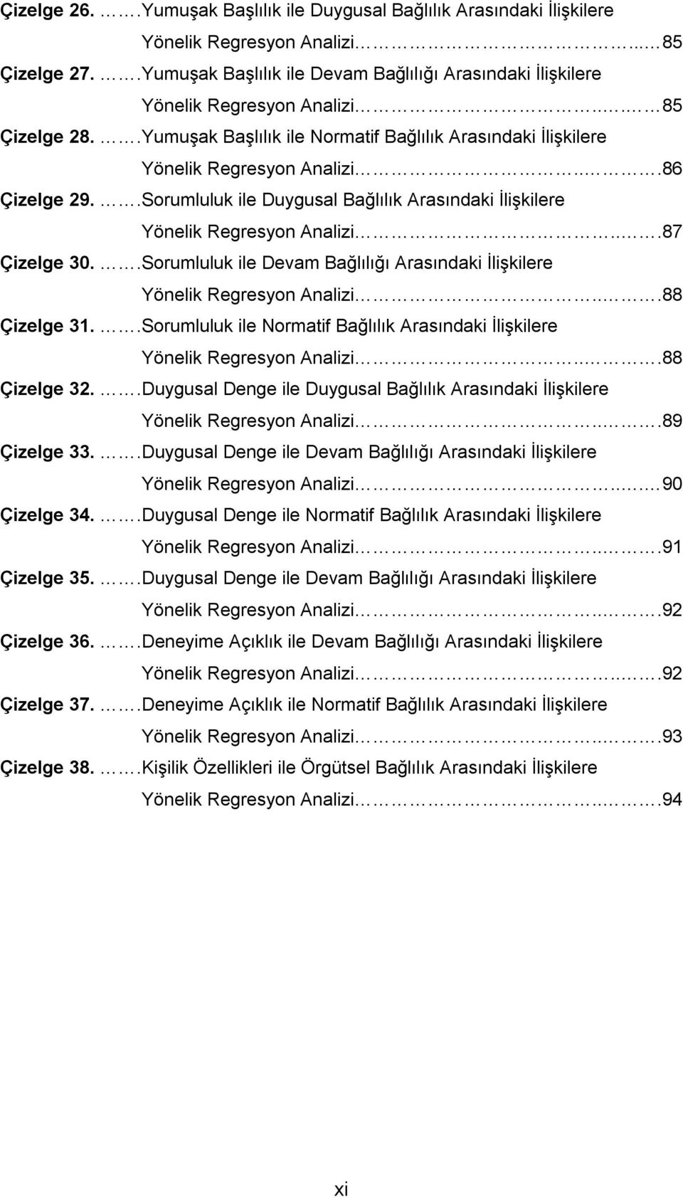 ..86 Çizelge 29..Sorumluluk ile Duygusal Bağlılık Arasındaki İlişkilere Yönelik Regresyon Analizi...87 Çizelge 30..Sorumluluk ile Devam Bağlılığı Arasındaki İlişkilere Yönelik Regresyon Analizi.