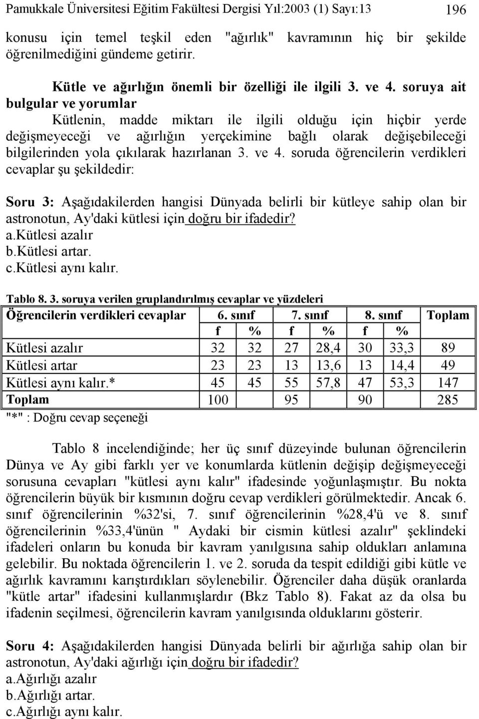 soruya ait bulgular ve yorumlar Kütlenin, madde miktarı ile ilgili olduğu için hiçbir yerde değişmeyeceği ve ağırlığın yerçekimine bağlı olarak değişebileceği bilgilerinden yola çıkılarak hazırlanan