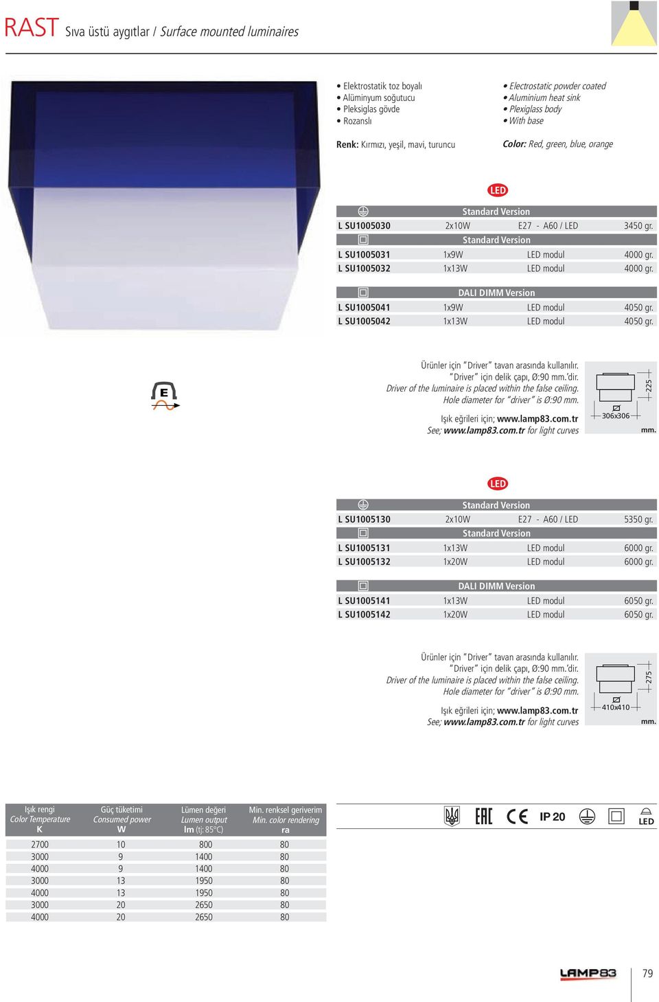 Driver of the luminaire is placed within the false ceiling. Hole diameter for driver is Ø:90 225 306x306 L SU1005130 2x10 E27 - A60 / 5350 gr. L SU1005131 1x13 modul 6000 gr.