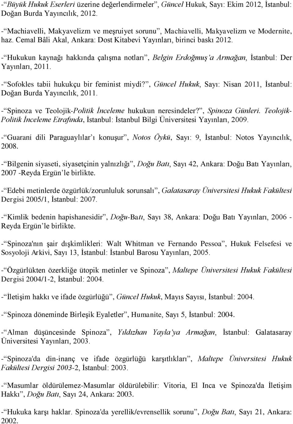 - Hukukun kaynağı hakkında çalışma notları, Belgin Erdoğmuş a Armağan, İstanbul: Der Yayınları, 2011. - Sofokles tabii hukukçu bir feminist miydi?