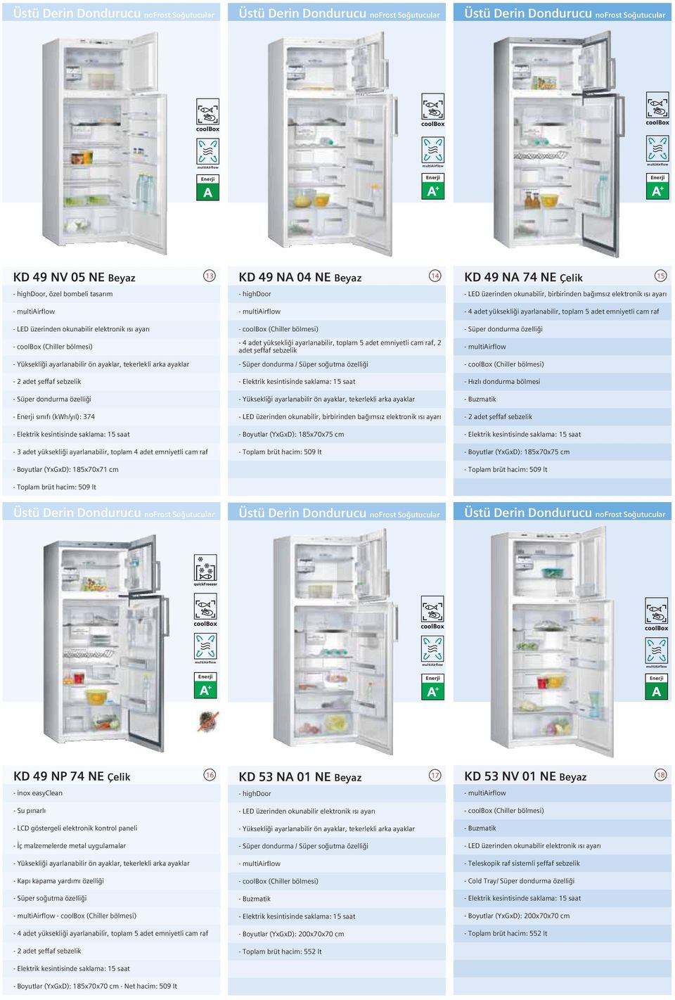 Elektrik kesintisinde saklama: 15 saat - 3 adet yüksekliği ayarlanabilir, toplam 4 adet emniyetli cam raf - Boyutlar (YxGxD): 185x70x71 cm - Toplam brüt hacim: 509 lt KD 49 NA 04 NE Beyaz 14 -