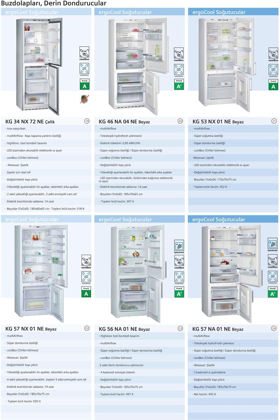 tekerlekli arka ayaklar - 2 adet yüksekliği ayarlanabilir, 3 adet emniyetli cam raf - Elektrik kesintisinde saklama: 14 saat - Boyutlar (YxGxD): 185x60x65 cm - Toplam brüt hacim: 318 lt KG 46 NA 04