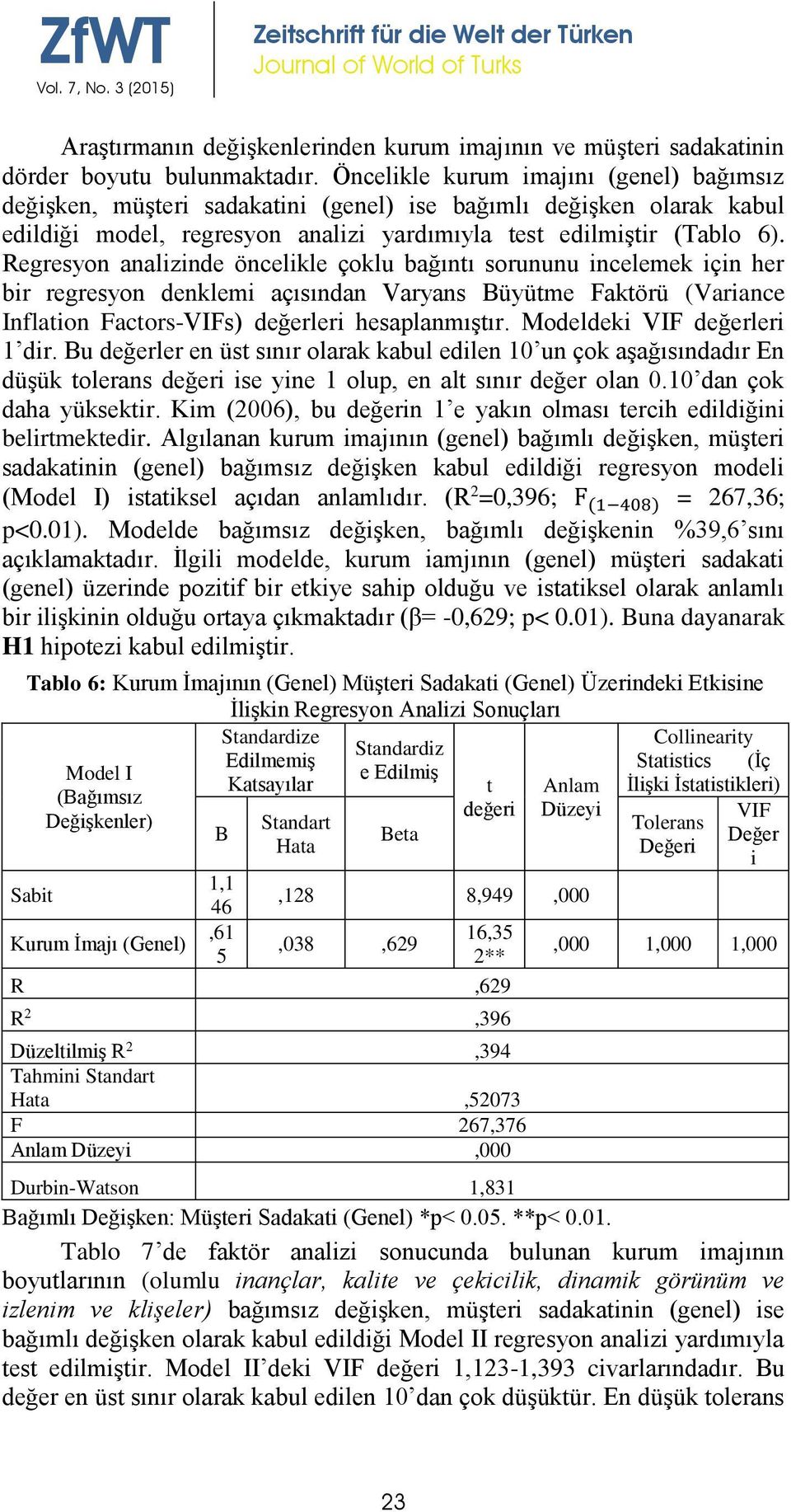 Regresyon analizinde öncelikle çoklu bağıntı sorununu incelemek için her bir regresyon denklemi açısından Varyans Büyütme Faktörü (Variance Inflation Factors-VIFs) değerleri hesaplanmıştır.