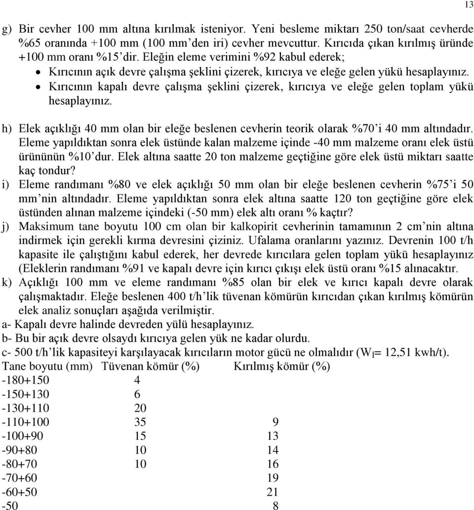 Kırıcının kapalı devre çalışma şeklini çizerek, kırıcıya ve eleğe gelen toplam yükü hesaplayınız. h) Elek açıklığı 40 mm olan bir eleğe beslenen cevherin teorik olarak %70 i 40 mm altındadır.