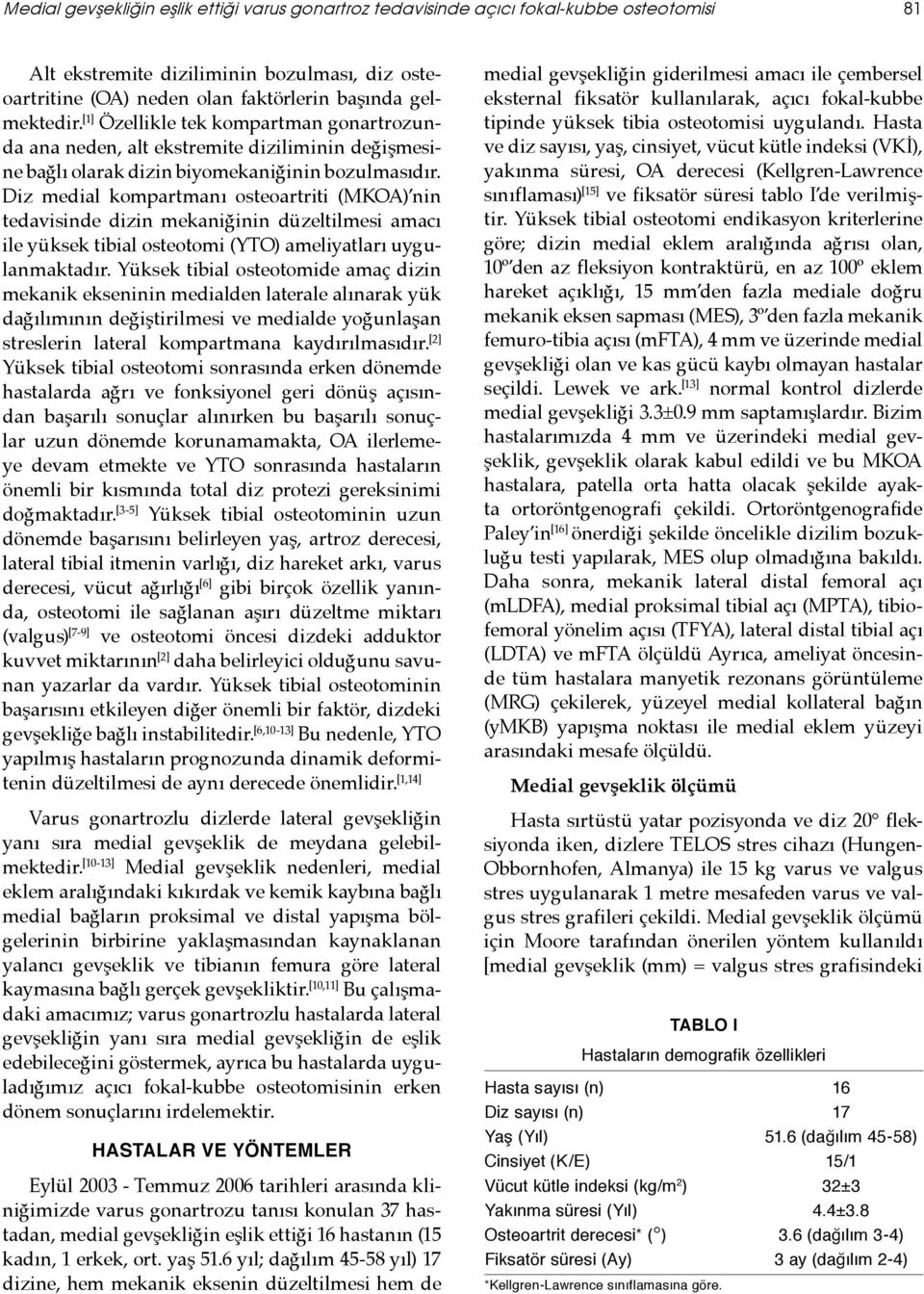 Diz medial kompartmanı osteoartriti (MKOA) nin tedavisinde dizin mekaniğinin düzeltilmesi amacı ile yüksek tibial osteotomi (YTO) ameliyatları uygulanmaktadır.