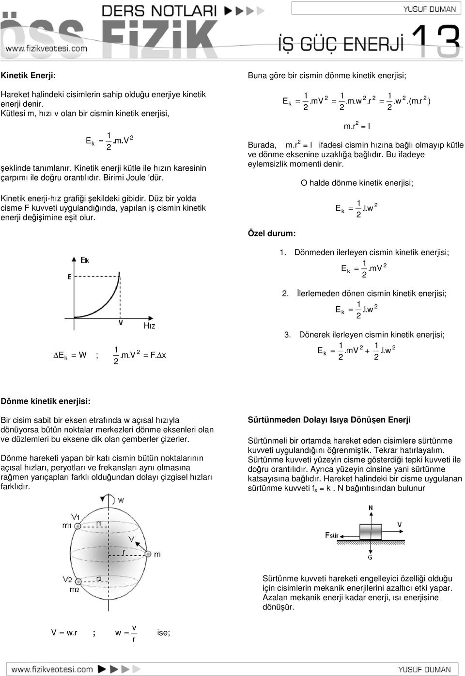 Düz bir yolda cisme F kuvveti uygulandıında, yapılan i cismin kinetik enerji deiimine eit olur. Buna göre bir cismin dönme kinetik enerjisi; Ek =.mv =.m.w.r = m.r = I.w.(m.r Burada, m.