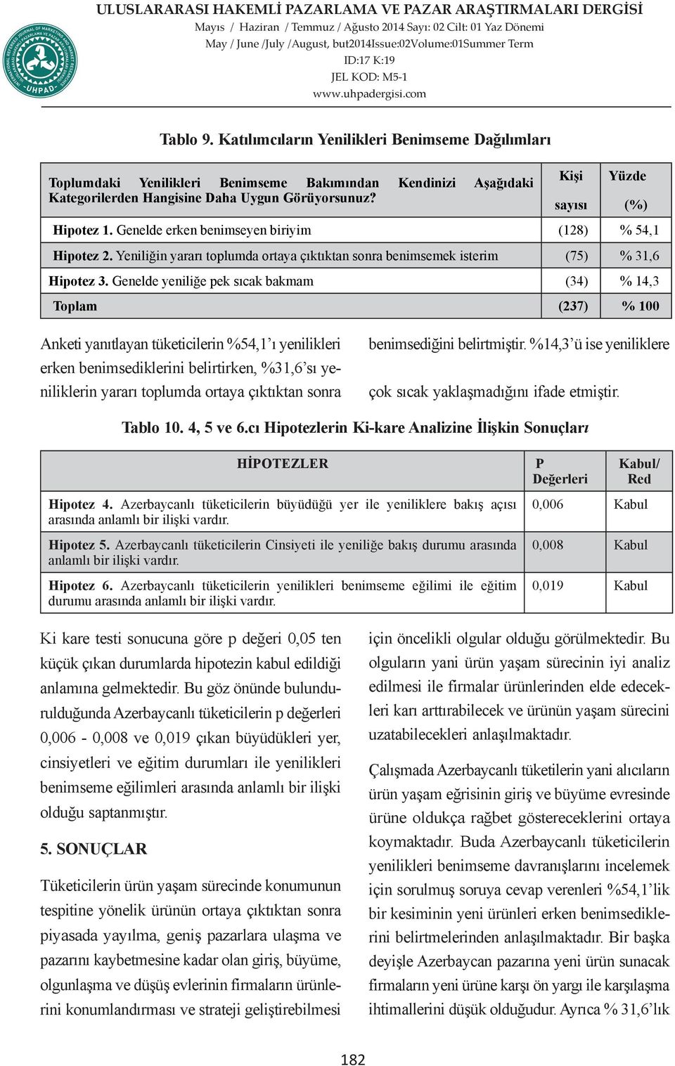 Genelde yeniliğe pek sıcak bakmam (34) % 14,3 Toplam (237) % 100 Anketi yanıtlayan tüketicilerin %54,1 ı yenilikleri erken benimsediklerini belirtirken, %31,6 sı yeniliklerin yararı toplumda ortaya