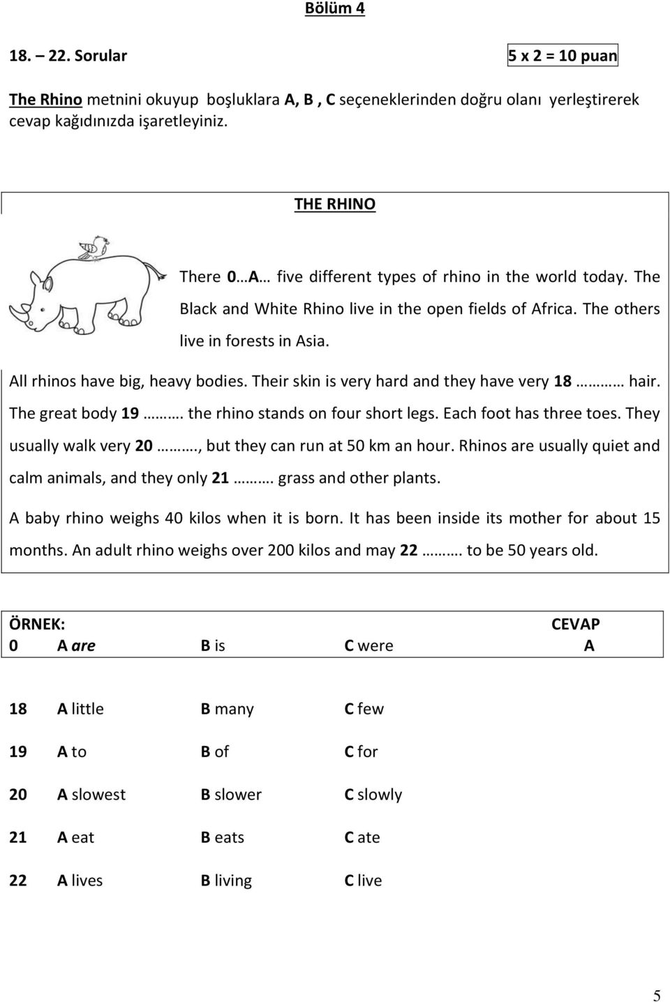 All rhinos have big, heavy bodies. Their skin is very hard and they have very 18 hair. The great body 19. the rhino stands on four short legs. Each foot has three toes. They usually walk very 20.