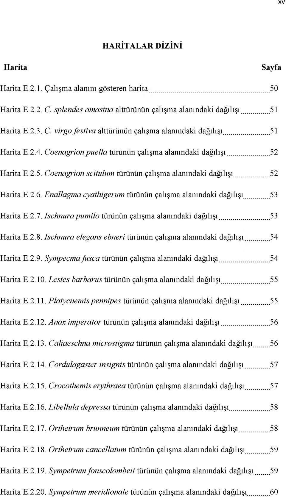 Enallagma cyathigerum türünün çalışma alanındaki dağılışı... 53 Harita E.2.7. Ischnurapumilo türünün çalışma alanındaki dağılışı... 53 Harita E.2.8.