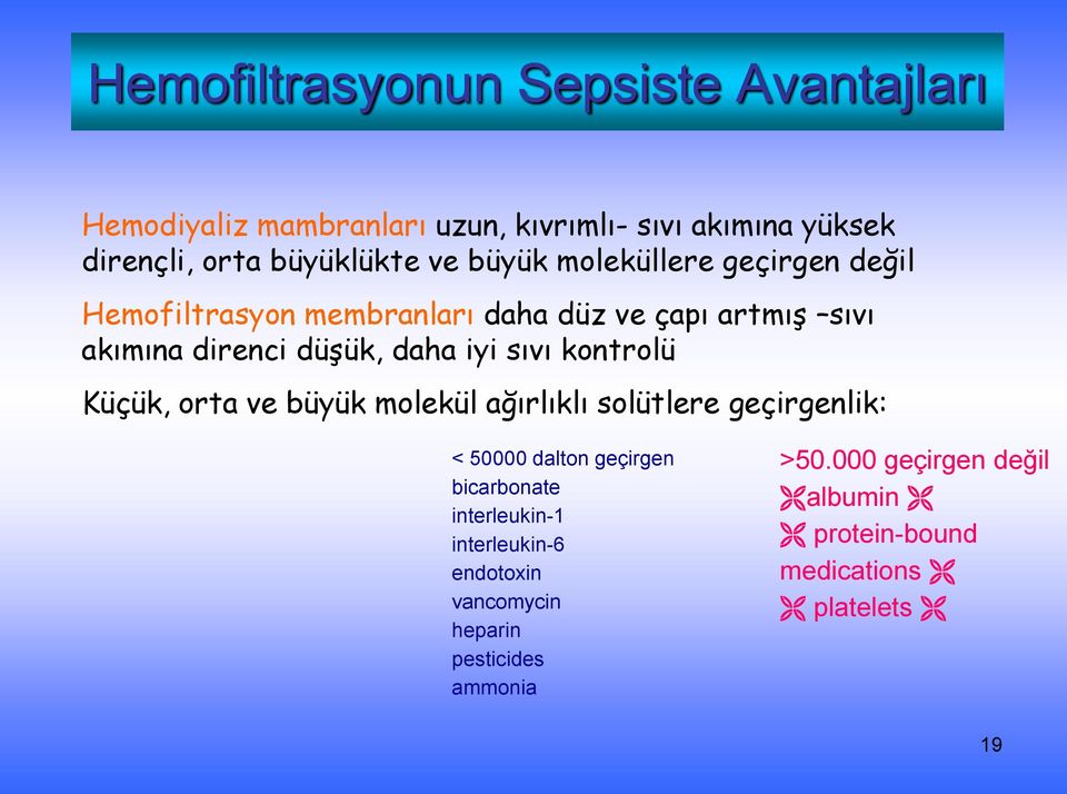 kontrolü Küçük, orta ve büyük molekül ağırlıklı solütlere geçirgenlik: < 50000 dalton geçirgen bicarbonate interleukin-1