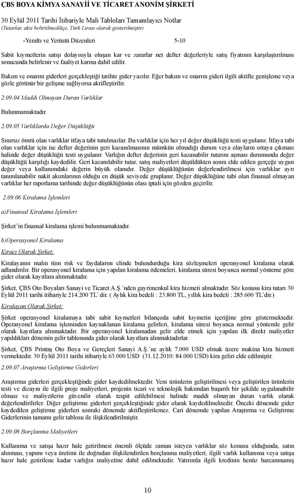 04 Maddi Olmayan Duran Varlıklar Bulunmamaktadır. 2.09.05 Varlıklarda Değer Düşüklüğü Sınırsız ömrü olan varlıklar itfaya tabi tutulmazlar. Bu varlıklar için her yıl değer düşüklüğü testi uygulanır.