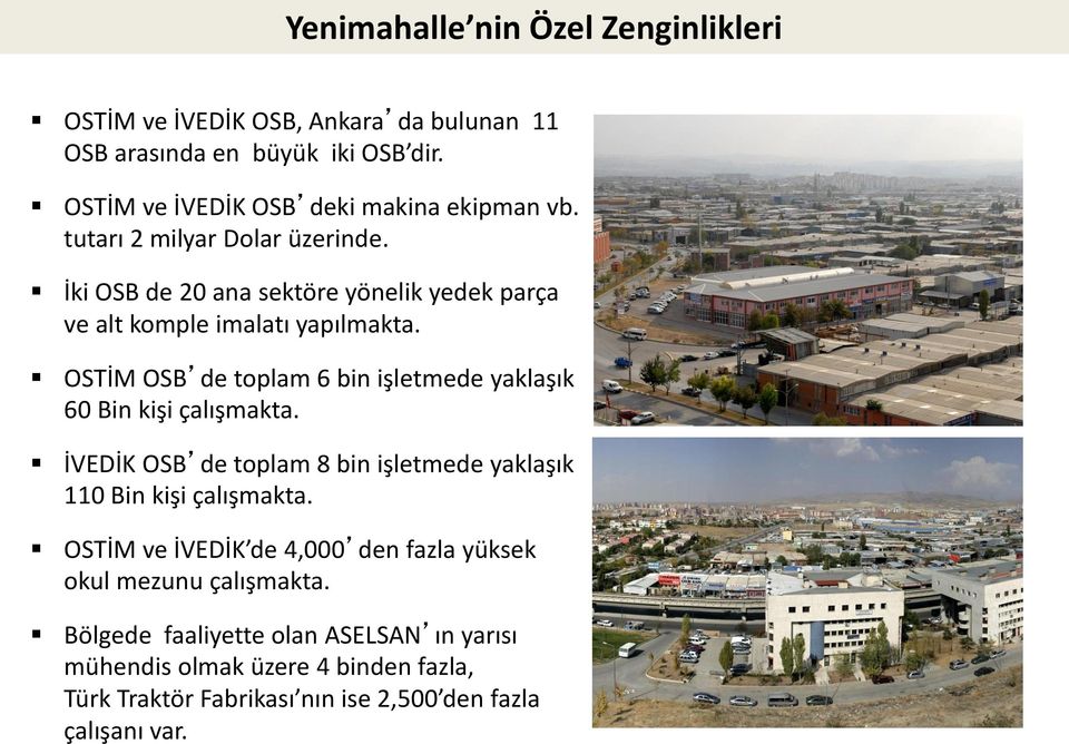 İki OSB de 20 ana sektöre yönelik yedek parça ve alt komple imalatı yapılmakta. OSTİM OSB de toplam 6 bin işletmede yaklaşık 60 Bin kişi çalışmakta.