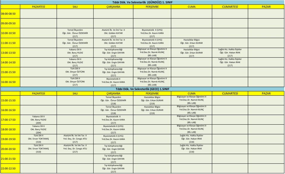 Kazım KARA Biyoistatistik II Yrd.Doc.Dr. Kazım KARA Biyoistatistik II Yrd.Doc.Dr. Kazım KARA Tıbbi Dök. Ve Sekreterlik (GECE) 1.SINIF TESİ SALI ÇARŞAMBA PERŞEMBE CUMA Okt.