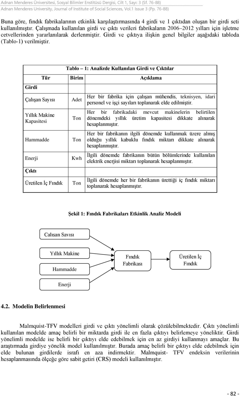 Girdi ve çıktıya ilişkin genel bilgiler aşağıdaki tabloda (Tablo-1) verilmiştir.