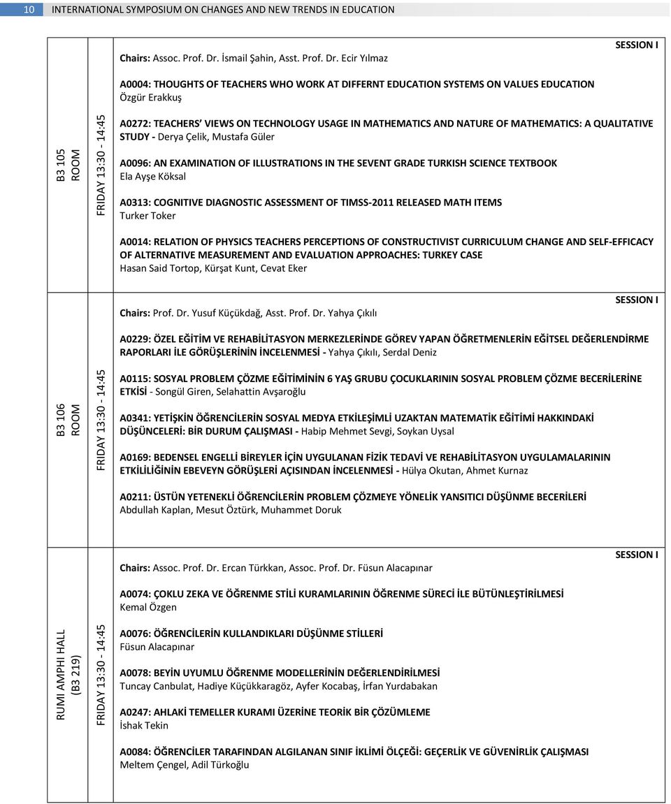 Ecir Yılmaz SESSION I A0004: THOUGHTS OF TEACHERS WHO WORK AT DIFFERNT EDUCATION SYSTEMS ON VALUES EDUCATION Özgür Erakkuş A0272: TEACHERS VIEWS ON TECHNOLOGY USAGE IN MATHEMATICS AND NATURE OF