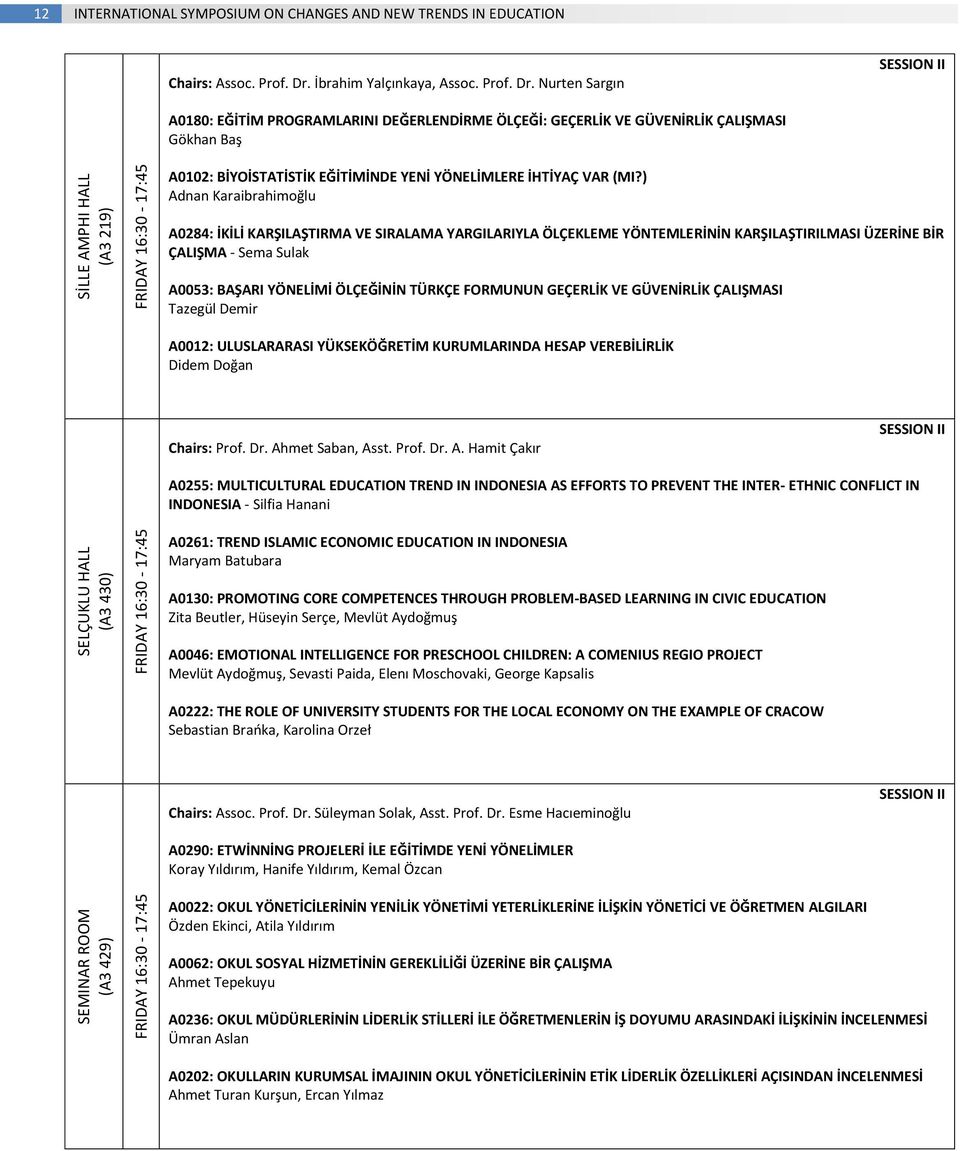 İbrahim Yalçınkaya,  Nurten Sargın SESSION II A0180: EĞİTİM PROGRAMLARINI DEĞERLENDİRME ÖLÇEĞİ: GEÇERLİK VE GÜVENİRLİK ÇALIŞMASI Gökhan Baş A0102: BİYOİSTATİSTİK EĞİTİMİNDE YENİ YÖNELİMLERE İHTİYAÇ