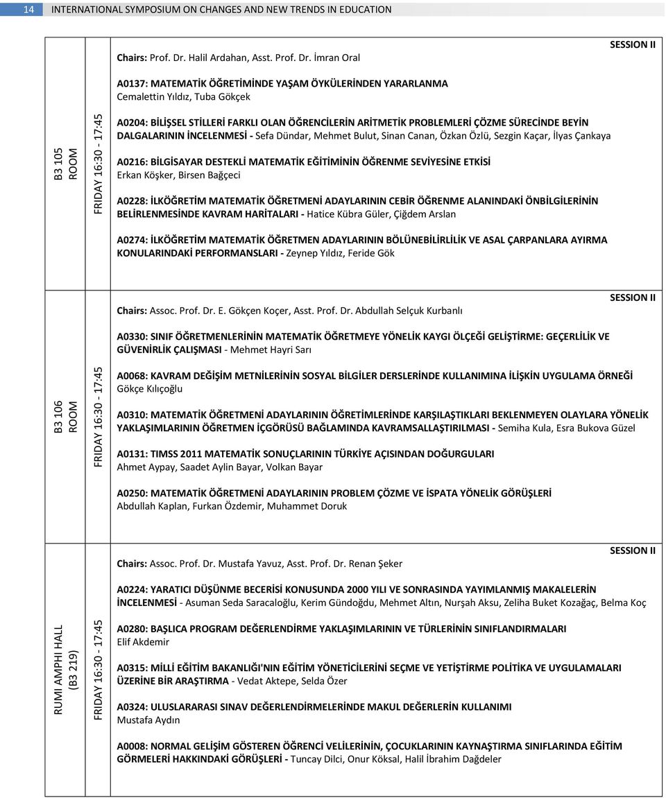 İmran Oral SESSION II A0137: MATEMATİK ÖĞRETİMİNDE YAŞAM ÖYKÜLERİNDEN YARARLANMA Cemalettin Yıldız, Tuba Gökçek A0204: BİLİŞSEL STİLLERİ FARKLI OLAN ÖĞRENCİLERİN ARİTMETİK PROBLEMLERİ ÇÖZME SÜRECİNDE