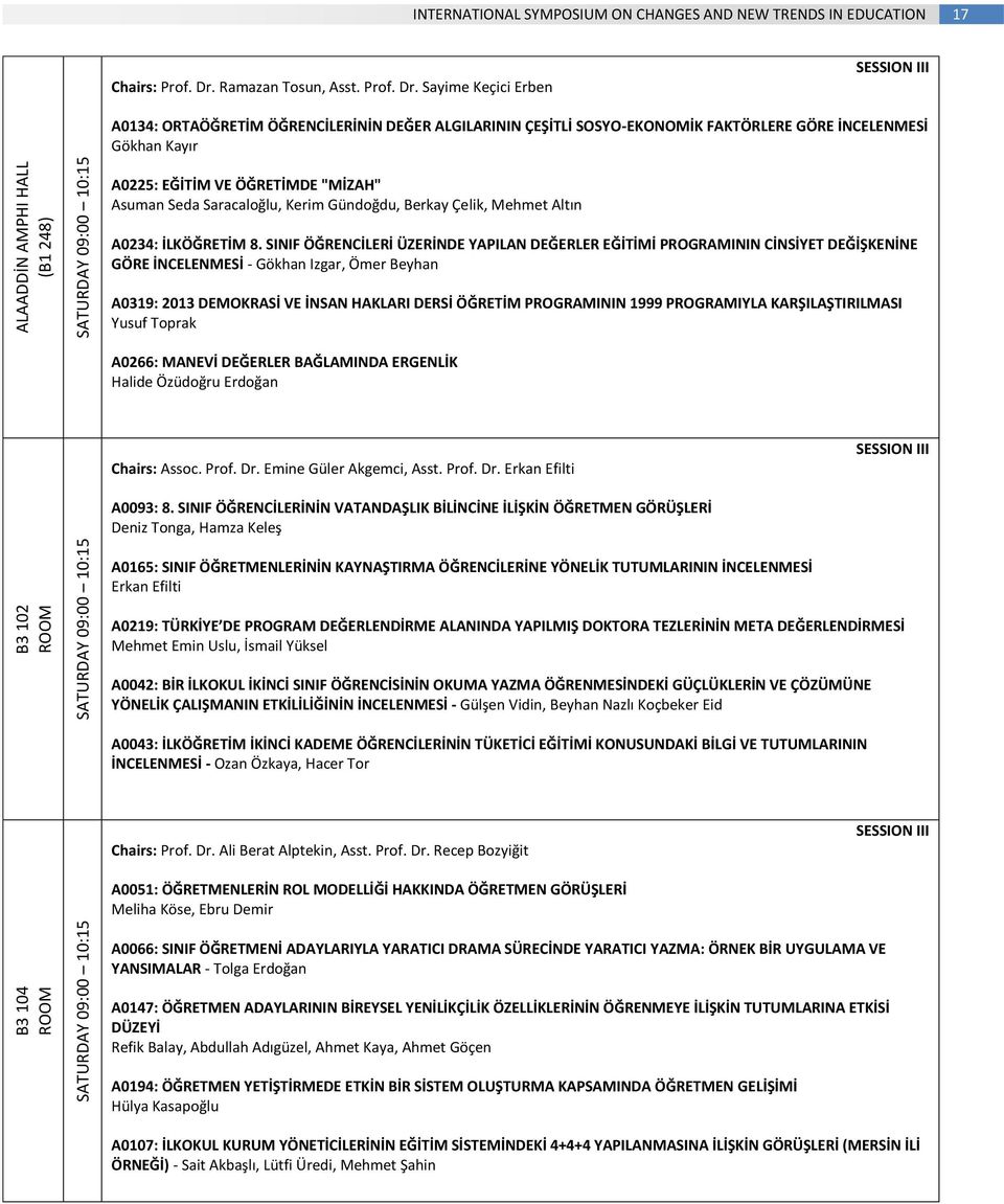 Sayime Keçici Erben SESSION III A0134: ORTAÖĞRETİM ÖĞRENCİLERİNİN DEĞER ALGILARININ ÇEŞİTLİ SOSYO-EKONOMİK FAKTÖRLERE GÖRE İNCELENMESİ Gökhan Kayır A0225: EĞİTİM VE ÖĞRETİMDE "MİZAH" Asuman Seda