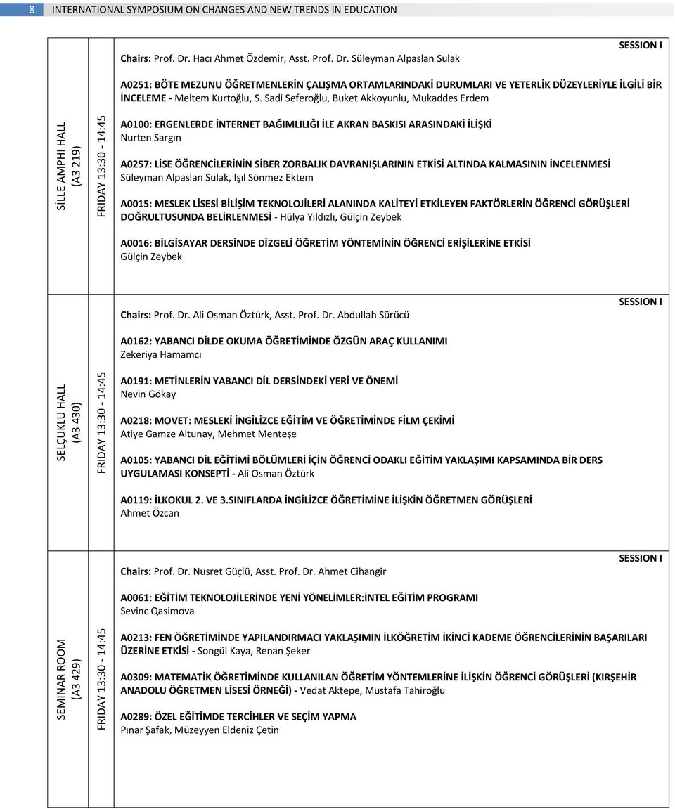 Sadi Seferoğlu, Buket Akkoyunlu, Mukaddes Erdem A0100: ERGENLERDE İNTERNET BAĞIMLILIĞI İLE AKRAN BASKISI ARASINDAKİ İLİŞKİ Nurten Sargın A0257: LİSE ÖĞRENCİLERİNİN SİBER ZORBALIK DAVRANIŞLARININ