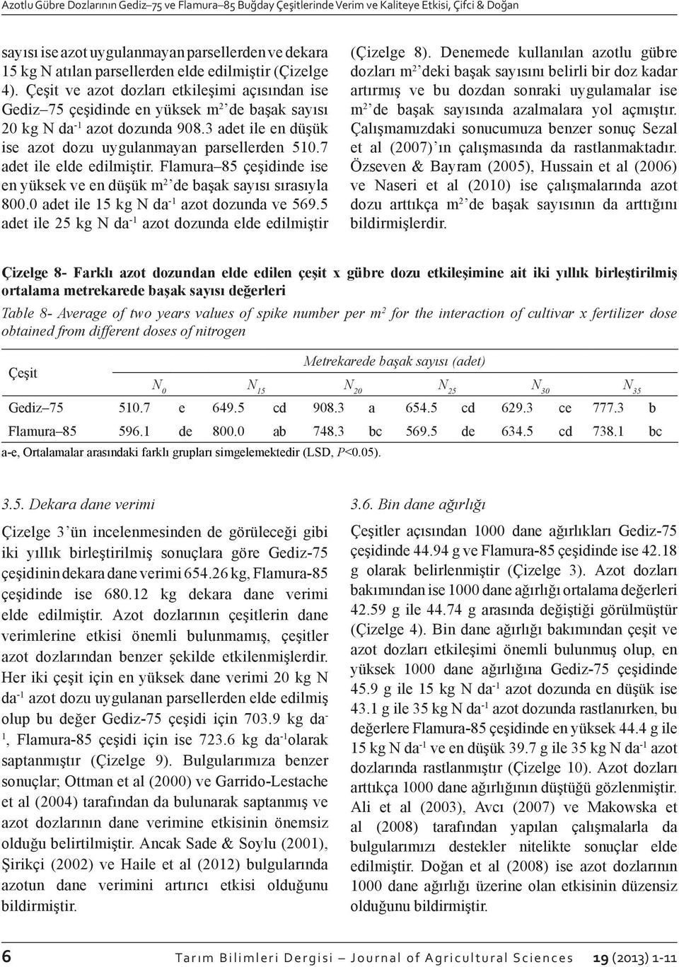 7 adet ile elde edilmiştir. Flamura 85 çeşidinde ise en yüksek ve en düşük m 2 de başak sayısı sırasıyla 800.0 adet ile 15 kg N da -1 azot dozunda ve 569.