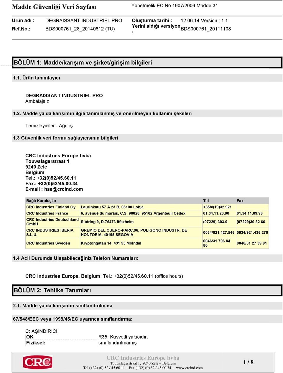 +32(0)52/45.60.11 Fax. +32(0)52/45.00.34 E-mail hse@crcind.com Bağlı Kuruluşlar Tel Fax CRC Industries Finland Oy Laurinkatu 57 A 23 B, 08100 Lohja +358/(19)32.