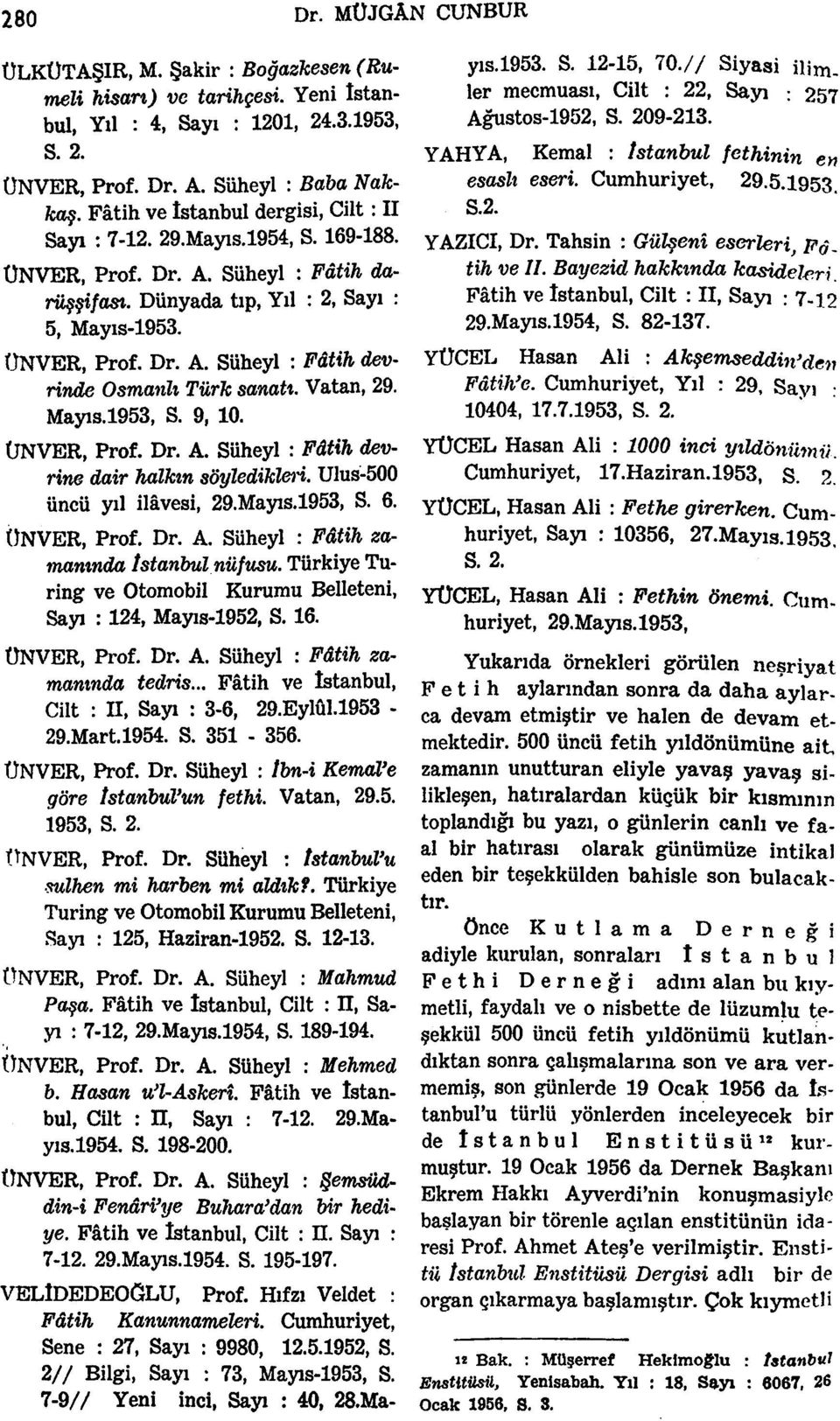 Vatan, 29. Mayıs.1953, S. 9, 10. ÜNVER, Prof. Dr. A. Süheyl : Fâtih devrine dair halkın söyledikleri. Ulus-500 üncü yıl ilâvesi, 29.Mayis.1953, S. 6. ÜNVER, Prof. Dr. A. Süheyl : Fâtih zamanında istanbul nüfusu.