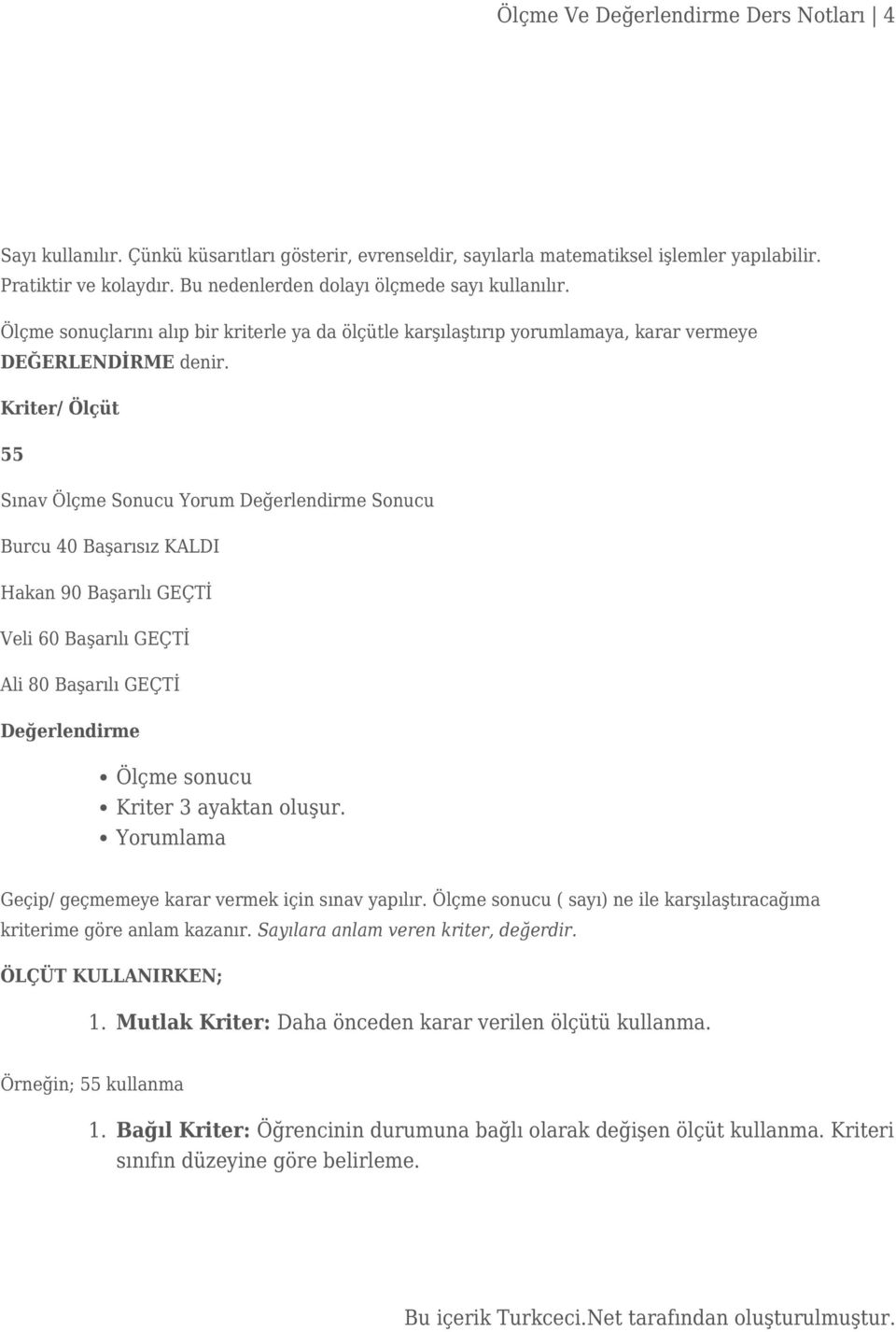 Kriter/ Ölçüt 55 Sınav Ölçme Sonucu Yorum Değerlendirme Sonucu Burcu 40 Başarısız KALDI Hakan 90 Başarılı GEÇTİ Veli 60 Başarılı GEÇTİ Ali 80 Başarılı GEÇTİ Değerlendirme Ölçme sonucu Kriter 3