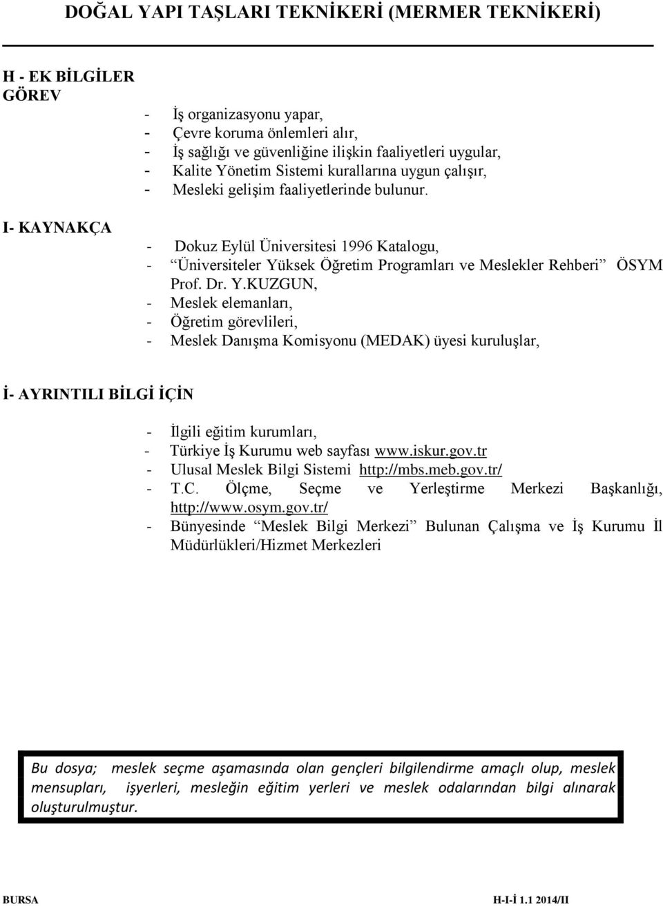 ksek Öğretim Programları ve Meslekler Rehberi ÖSYM Prof. Dr. Y.