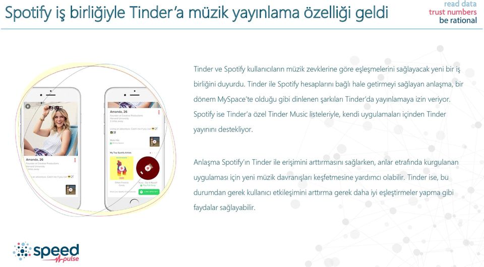 Spotify ise Tinder a özel Tinder Music listeleriyle, kendi uygulamaları içinden Tinder yayınını destekliyor.