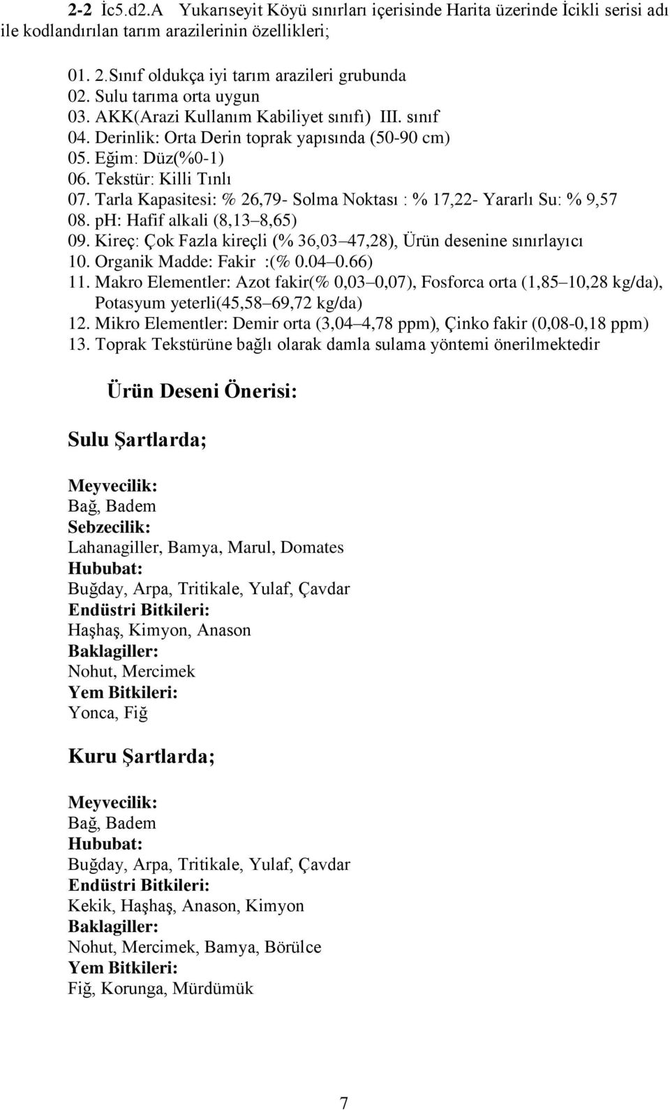 Tarla Kapasitesi: % 26,79- Solma Noktası : % 17,22- Yararlı Su: % 9,57 08. ph: Hafif alkali (8,13 8,65) 09. Kireç: Çok Fazla kireçli (% 36,03 47,28), Ürün desenine sınırlayıcı 10.