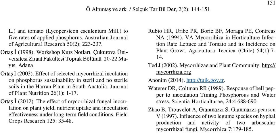 Effect of selected mycorrhizal inculation on phosphorus sustainability in steril and no sterile soils in the Harran Plain in South Anatolia. Jaurnal of Plant Nutrition 26(1): 1-17. Ortaş İ (2012).