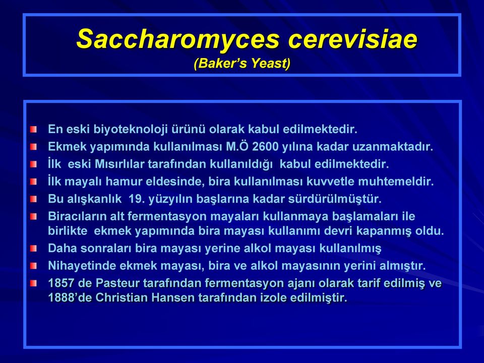 yüzyılın başlarına kadar sürdürülmüştür. Biracıların alt fermentasyon mayaları kullanmaya başlamaları ile birlikte ekmek yapımında bira mayası kullanımı devri kapanmış oldu.