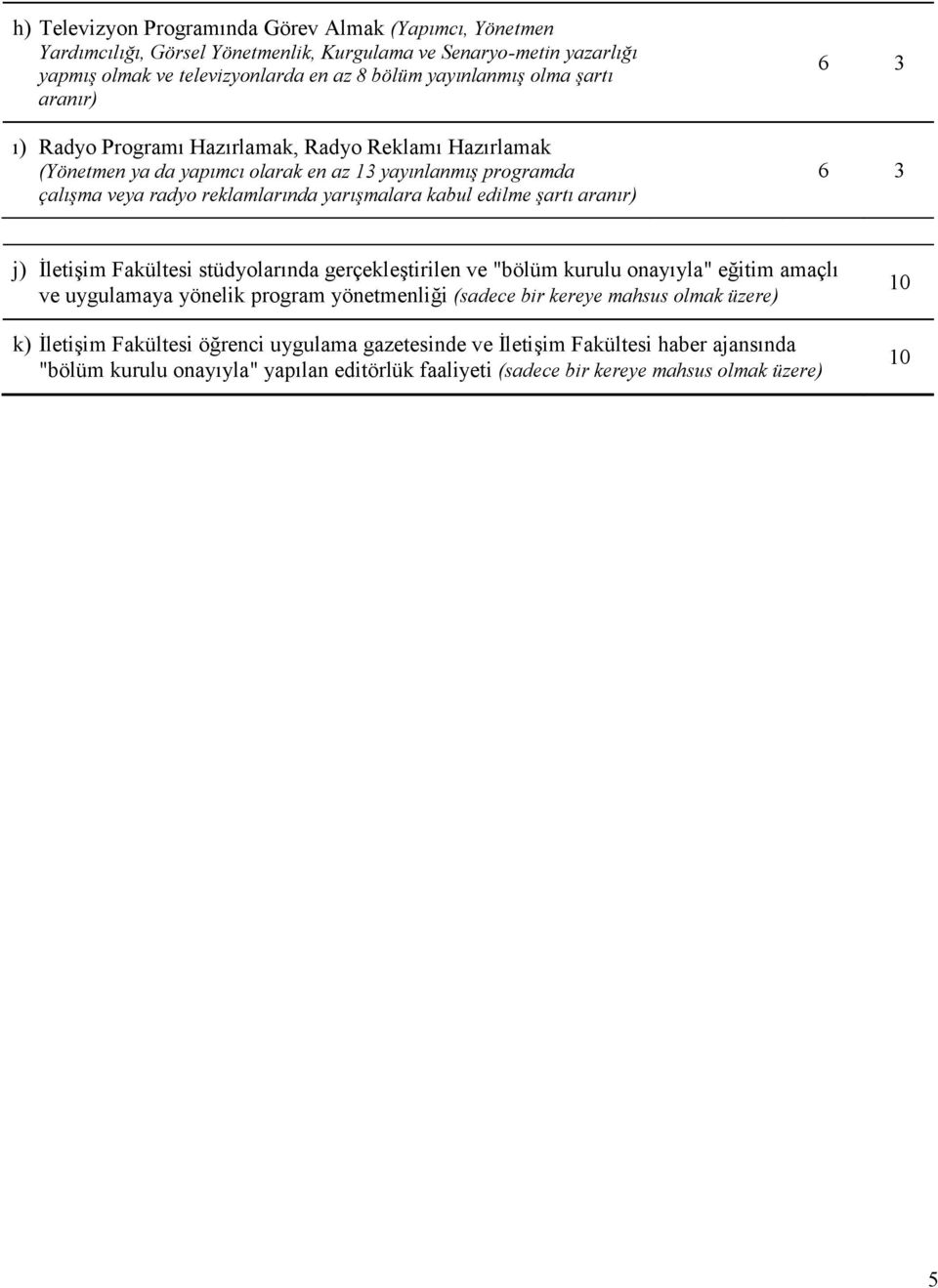 edilme şartı aranır) 6 3 6 3 j) ĠletiĢim Fakültesi stüdyolarında gerçekleģtirilen ve "bölüm kurulu onayıyla" eğitim amaçlı ve uygulamaya yönelik program yönetmenliği (sadece bir kereye