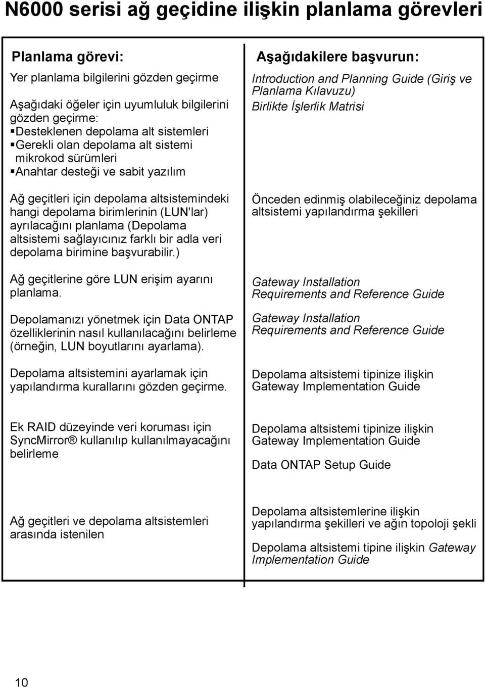 İşlerlik Matrisi Ağ geçitleri için depolama altsistemindeki hangi depolama birimlerinin (LUN'lar) ayrılacağını planlama (Depolama altsistemi sağlayıcınız farklı bir adla veri depolama birimine